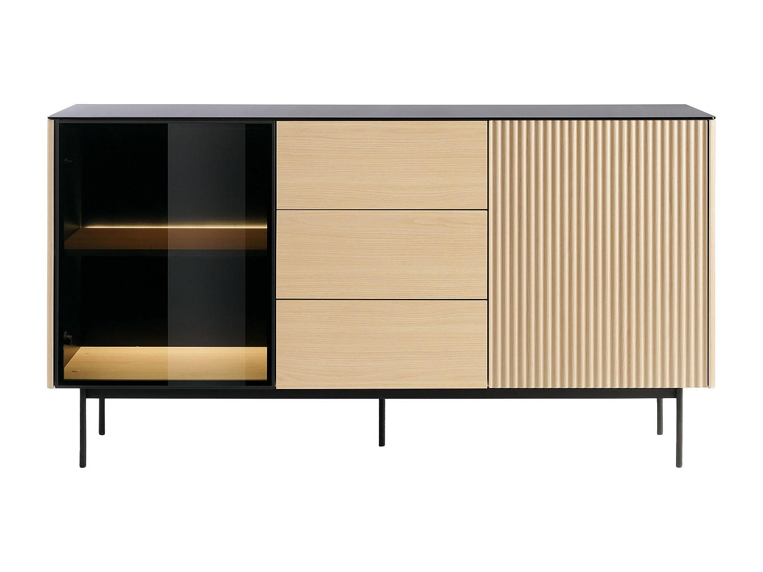 SIDEBOARD - 157 cm x 39 cm - glas - schwarz, naturfarben hell Sayera - Schwarz/Naturfarben, Glas/Holz (157/84/39cm) - Vente-Unique