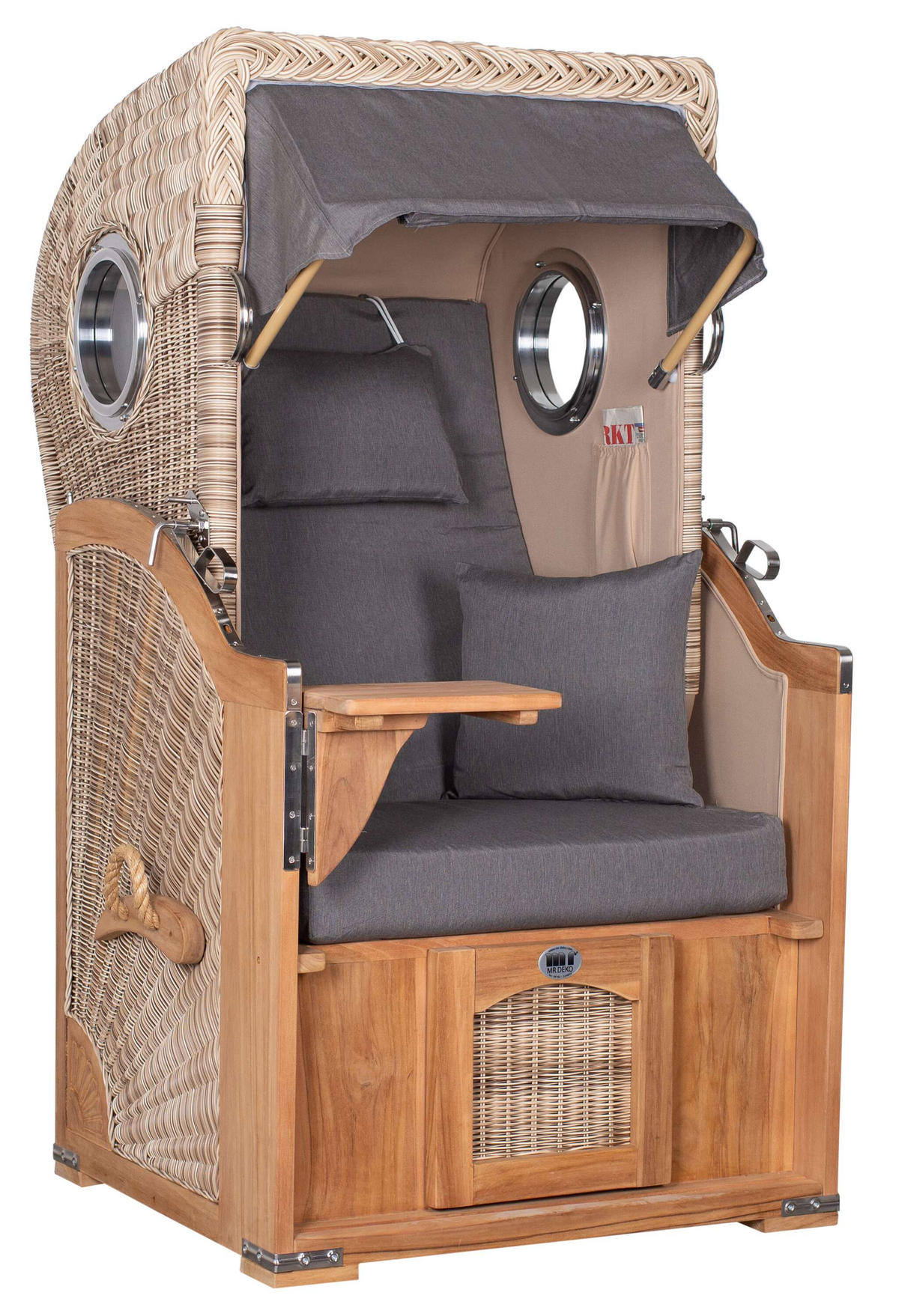 STRANDKORB Düne 1 Sitzer Teak PE Shell - Braun/Grau, Holz/Textil (96/165/80cm) - Mr. Deko