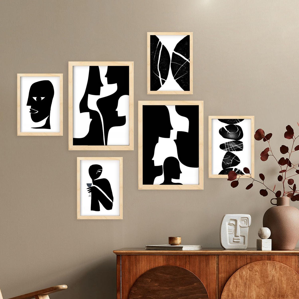 POSTER Set Mit 6 Atavistischer Kopf In Liebhaber Abstrakt Ästhetische Dekorative Gemälde Für Ihr Wohnzimmer Zuhause A3 & A4 Rahmen Aus Hellem Holz - Beige, Papier (29/3cm) - Nacnic