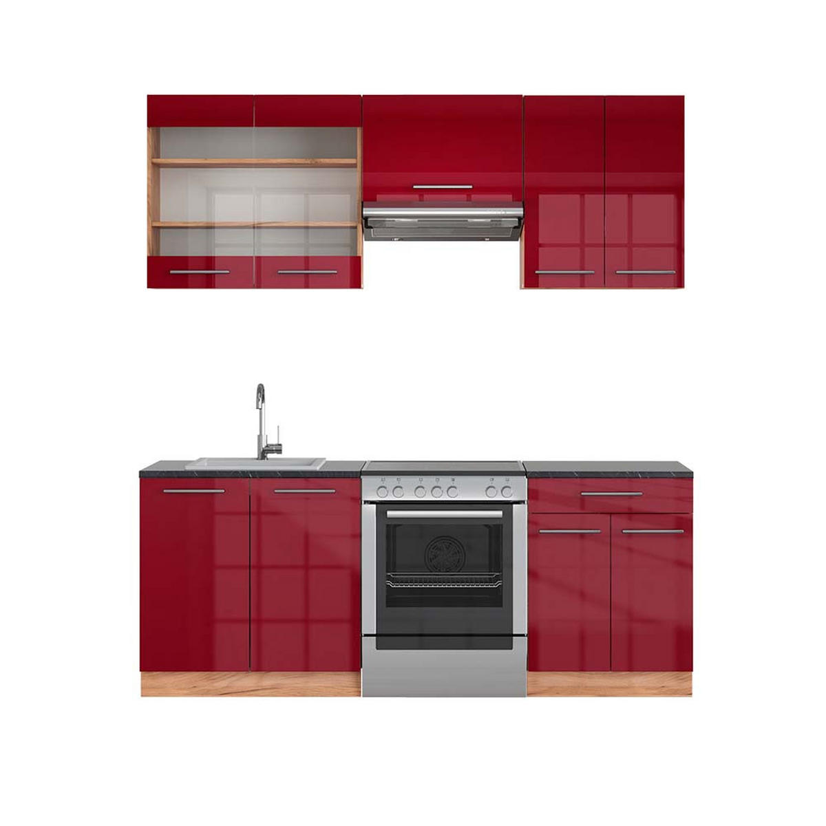 KÜCHENZEILE Fame-Line Bordeaux Hochglanz/Goldkraft Eiche 200 cm AP Anthrazit - Honigeiche/Bordeaux, Holzwerkstoff (200/81.6/60cm) - Vicco