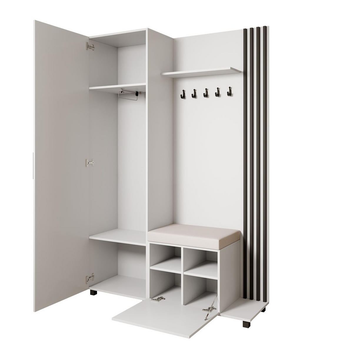 GARDEROBENSCHRANK Livia mit Aufhängern und Spiegel, Weiß, rechts - Schwarz, Holzwerkstoff (137/207/42cm) - Beautysofa