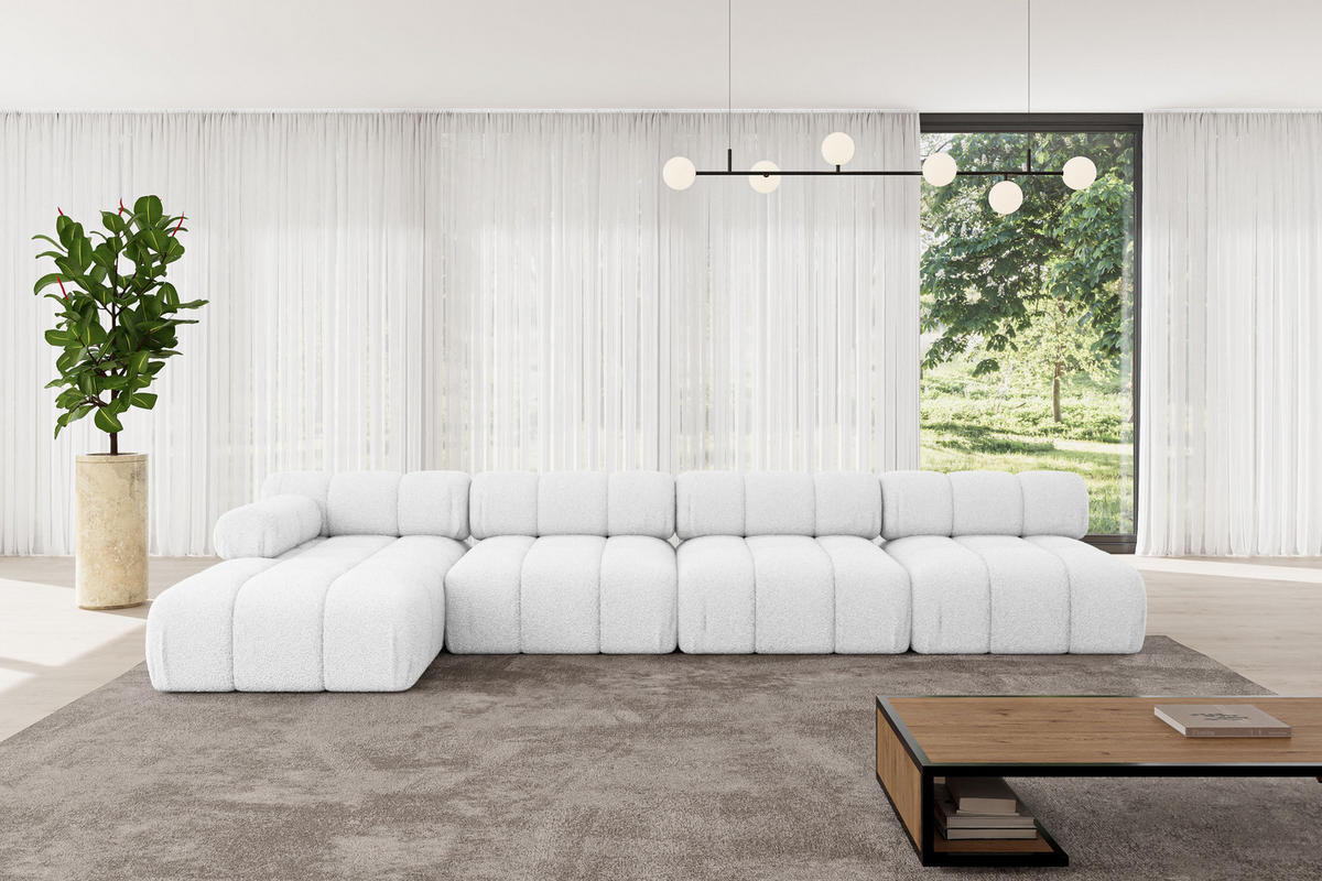ECKSOFA modulares Sofa Razon-L3 - 380x160x70 cm Weiß Bouclé - Weiß, Holzwerkstoff/Textil (380/160cm) - ALTDECOR