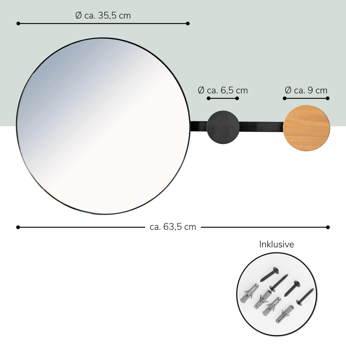 WANDSPIEGEL inkl. Garderobenhaken - Schwarz, Metall (63.5/35.5/5cm) - bremermann