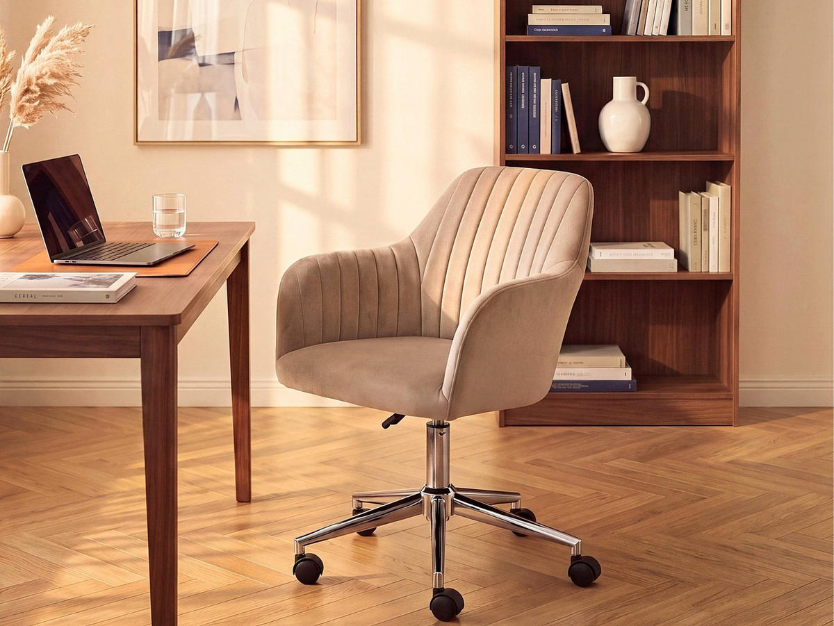 BÜROSTUHL ohne Armlehnen - 59 cm x 61.5 cm - samt - beige Eleana - Chromfarben/Beige, Textil/Metall (59/89/61.5cm) - Vente-Unique