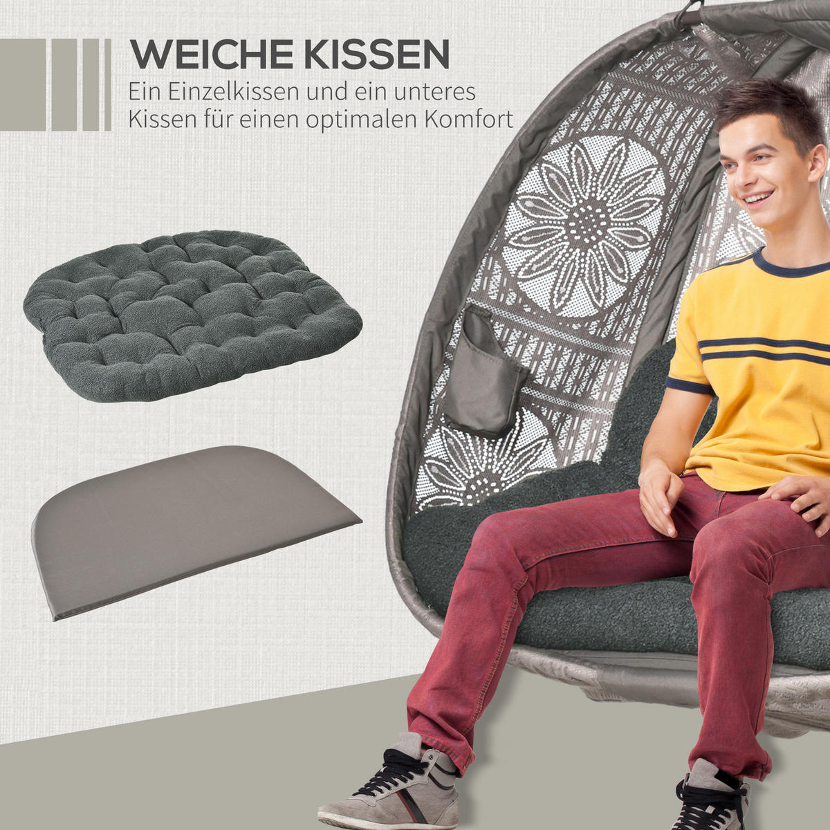 HÄNGESESSEL, Stahl, Polyester, Schwarz - Sandfarben/Schwarz, Kunststoff/Metall (126/172/132cm) - Outsunny