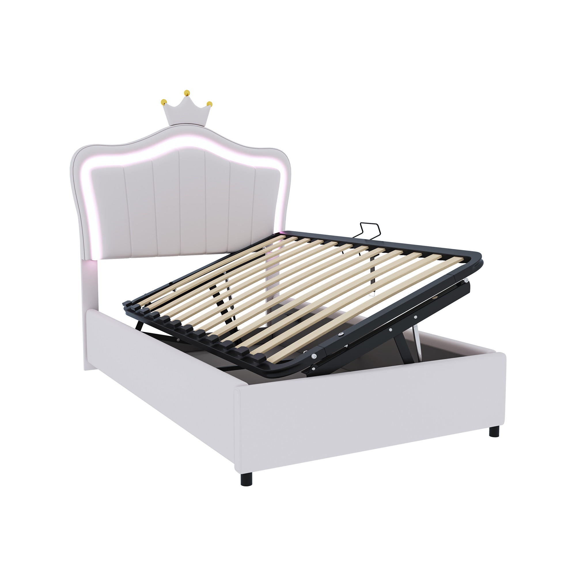 POLSTERBETT 90/200 cm Weiß mit Kronendesign und LED-Beleuchtung - Weiß, Holzwerkstoff (90/200cm) - OKWISH