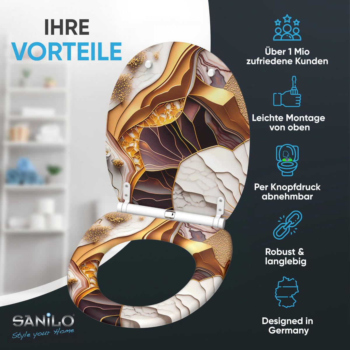 WC-SITZ mit Absenkautomatik & Top Fix Marmor Gold - Weiß, Holzwerkstoff (37.7/5/48cm) - Sanilo