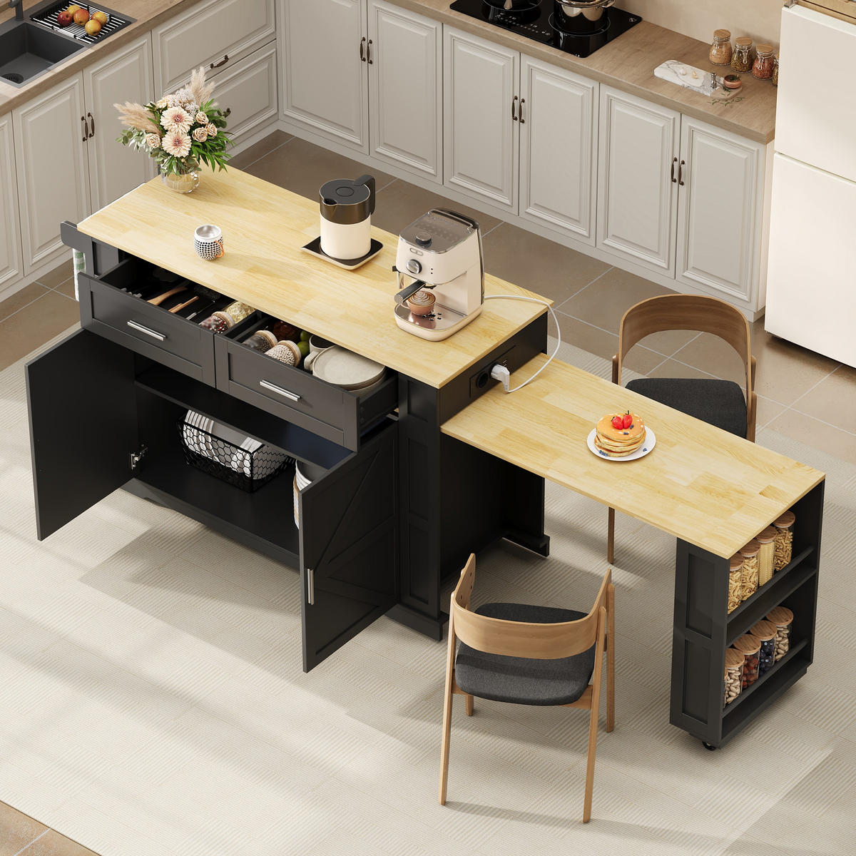 KÜCHENINSEL DE-41365 130(205)/50/93 cm, ausziehbare Arbeitsplatte Schwarz - Schwarz, Holzwerkstoff (130/93/50cm) - ComfortXL