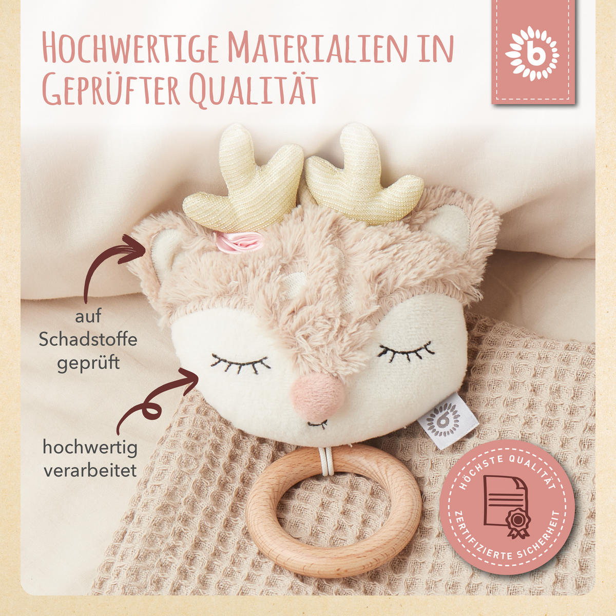 MUSIKSPIELUHR Reh - ab Geburt - Rosa, Textil (16/33cm) - Bieco Spielwaren