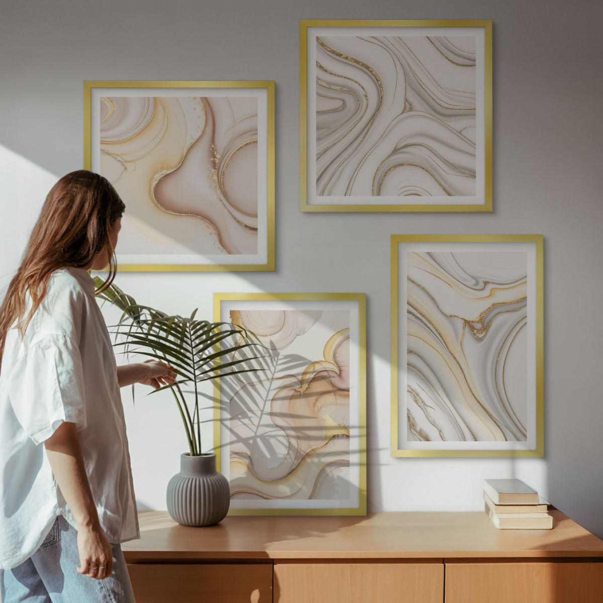 BILDER SET 4er Set - 50x50 cm & 40x60 cm Goldrahmen - Lineare abstrakte Motive - Goldfarben, Kunststoff (50/50cm) - TULUP
