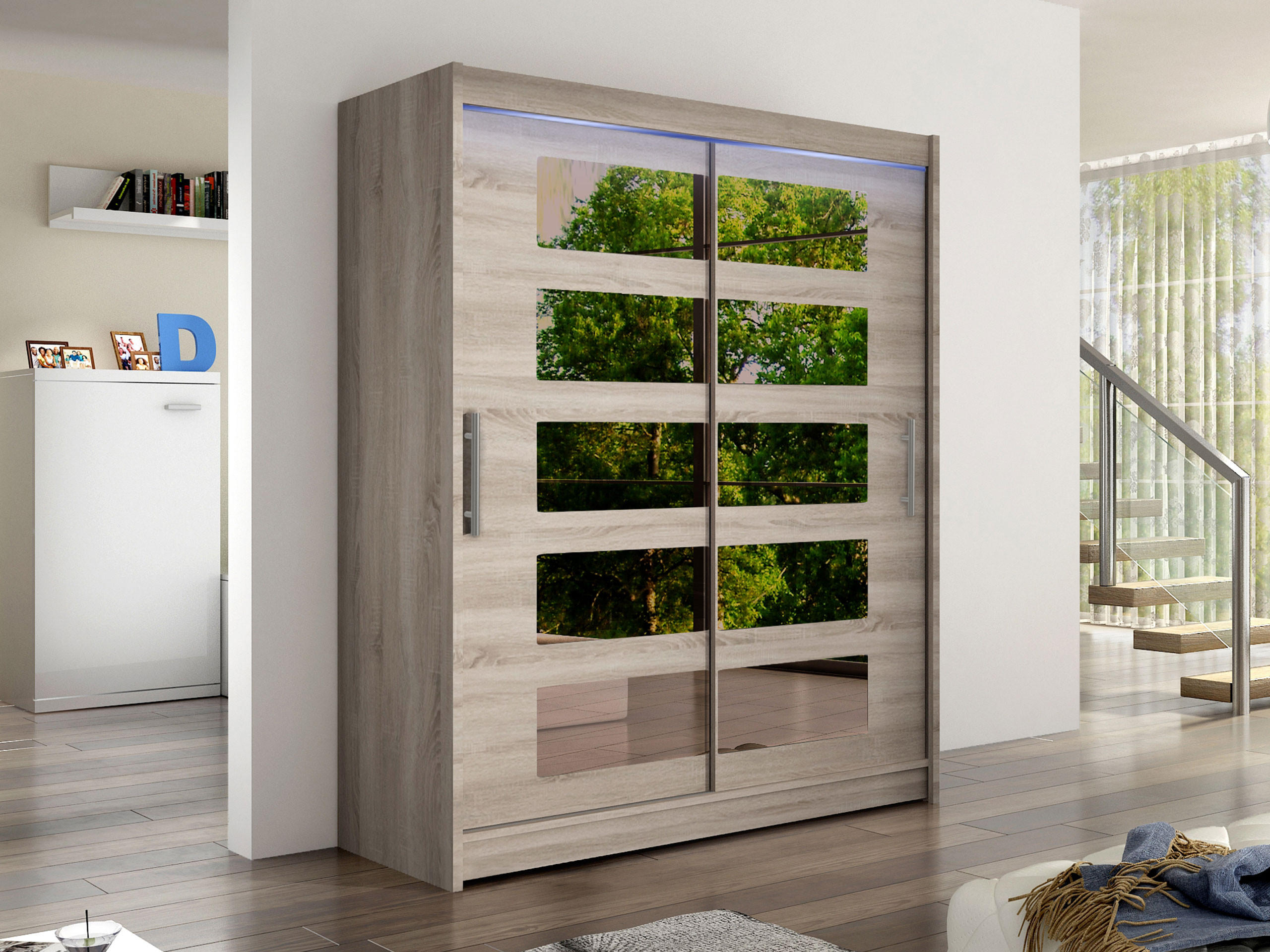 SCHWEBETÜRENSCHRANK Westa V, mit RGB LED Beleuchtung - Silberfarben/Trüffeleichefarben, Holzwerkstoff/Metall (150/200/58cm) - MIRJAN24
