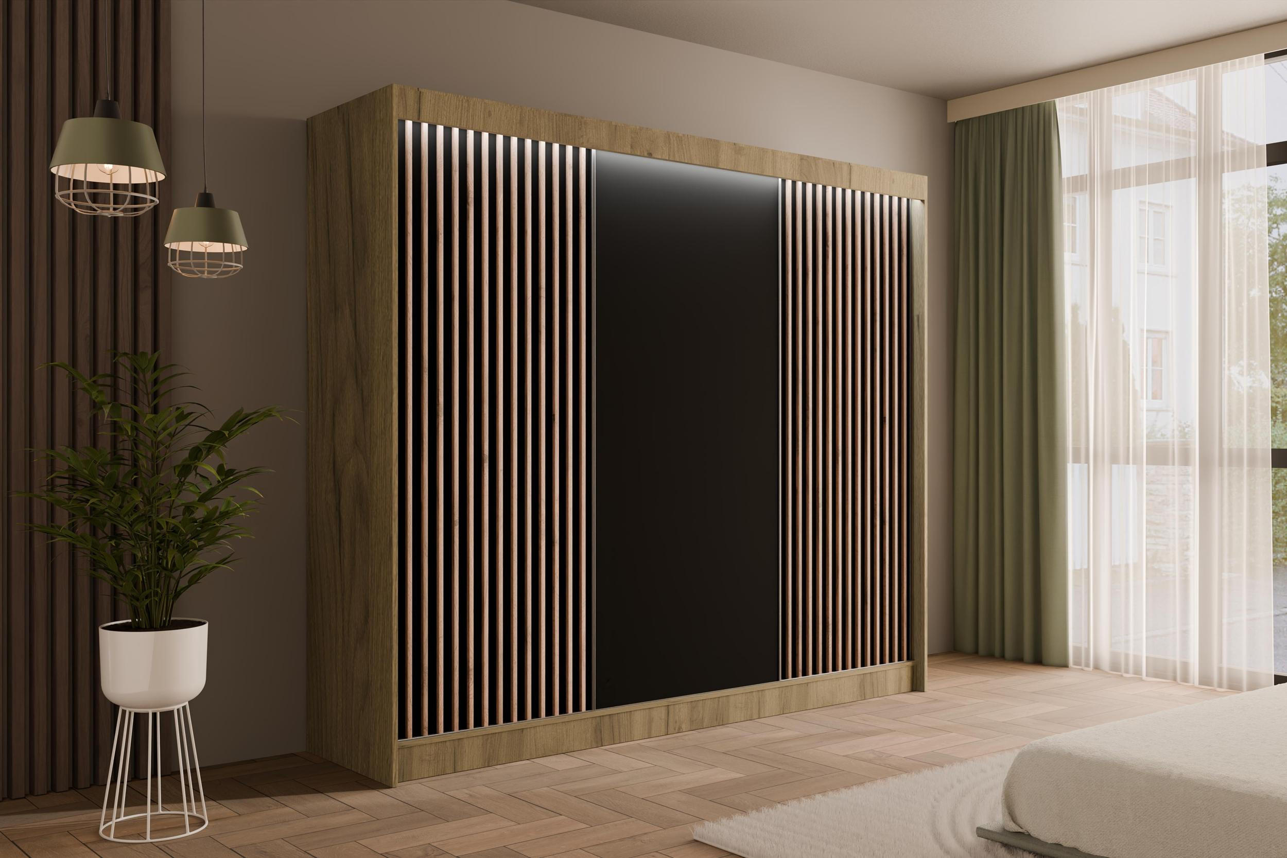 KLEIDERSCHRANK mit LED, Lamel-Schiebetüren VILANv2 - 250 cm Eiche Kraft + Lamelle Eiche Wotan - Hellbraun/Eiche Wotan, Holzwerkstoff (250/215/61cm) - ALTDECOR