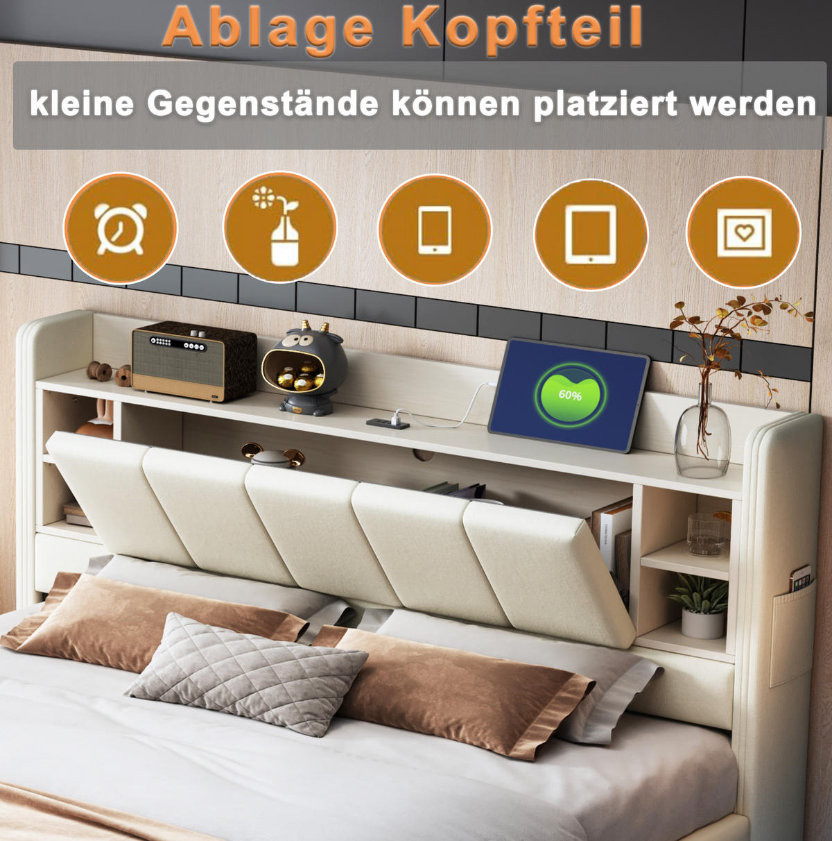 POLSTERBETT 160/200 cm Beige mit LED-Beleuchtung und Stauraum - Beige, Textil (160/200cm) - Flora Grace