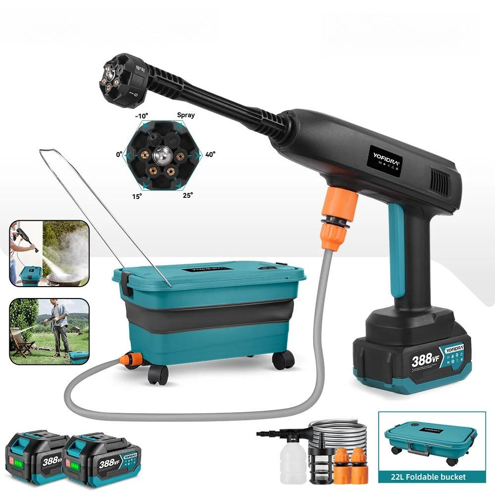 ELEKTRO-HOCHDRUCKREINIGER 6IN1 Hochdruck, Für Makita Batterie pin, Mit 2 Batterien & 22L Faltbare Wasser Eimer - Schwarz, Kunststoff (48/21cm) - Coonoor