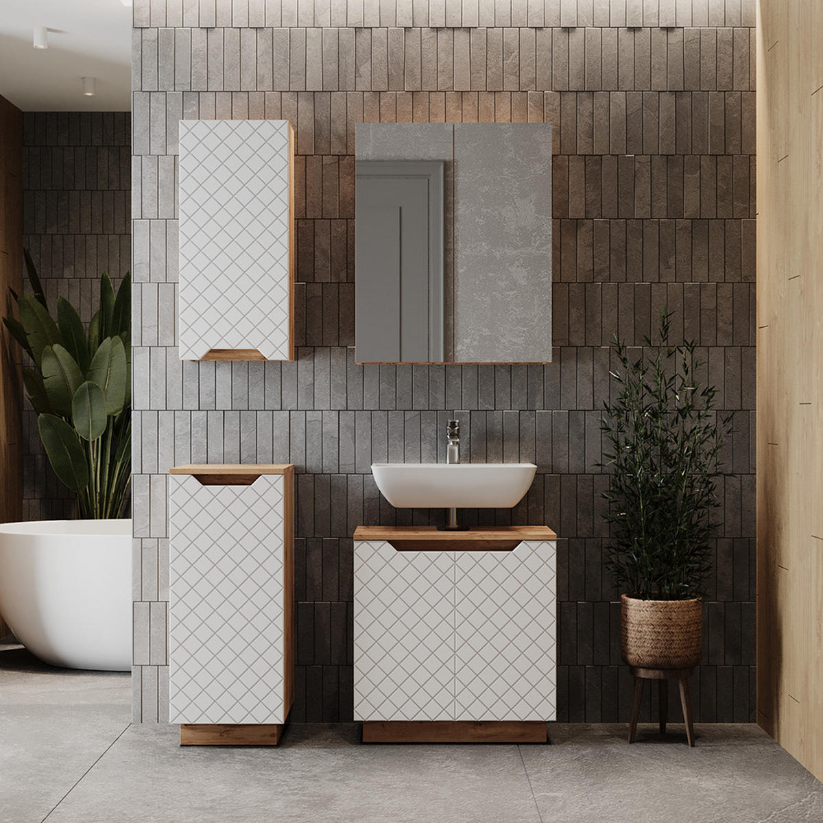 BADMÖBEL-SET Lotta Eiche/weiß gestreift 4 Teile - Eichefarben/Weiß, Holzwerkstoff (59.8/62.1/32cm) - Vicco