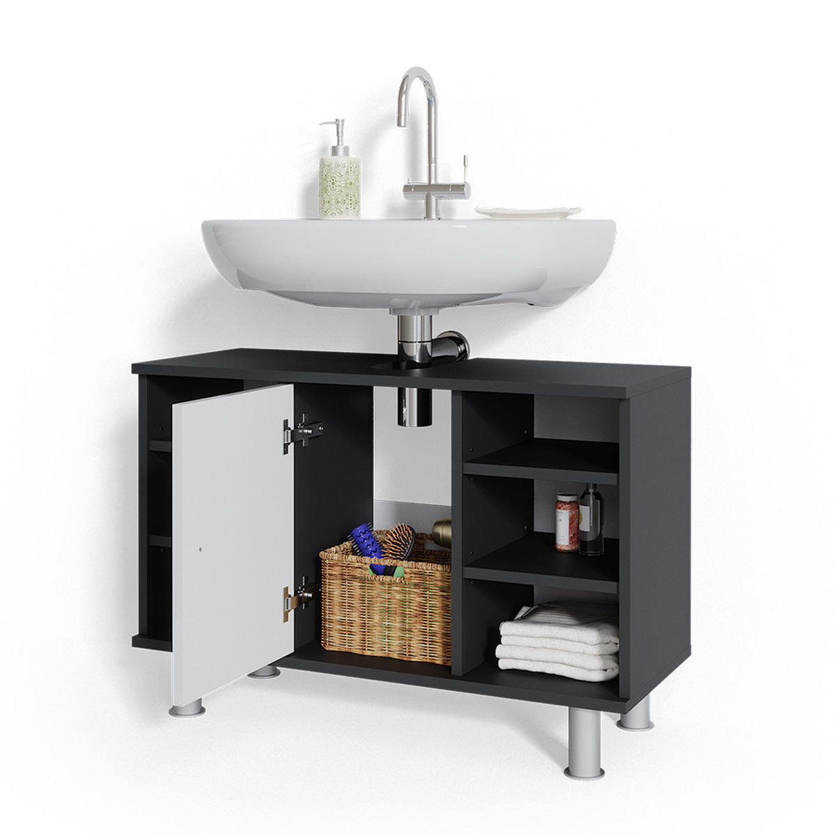 WASCHBECKENUNTERSCHRANK Fynn Anthrazit/Weiß Hochglanz 80 x 54 cm mit 6 Ablage - Weiß Hochglanz/Anthrazit, Holzwerkstoff (80/54/32cm) - Vicco
