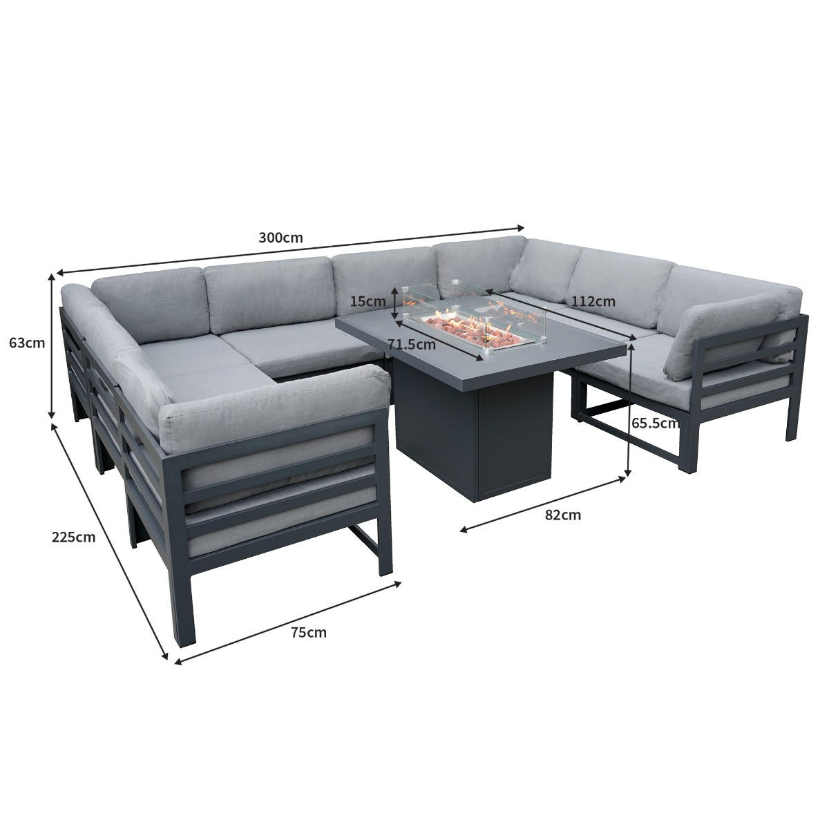 MODULARES GARTENLOUNGE-SET mit integrierter Feuerstelle - Grau, Metall - Monstershop