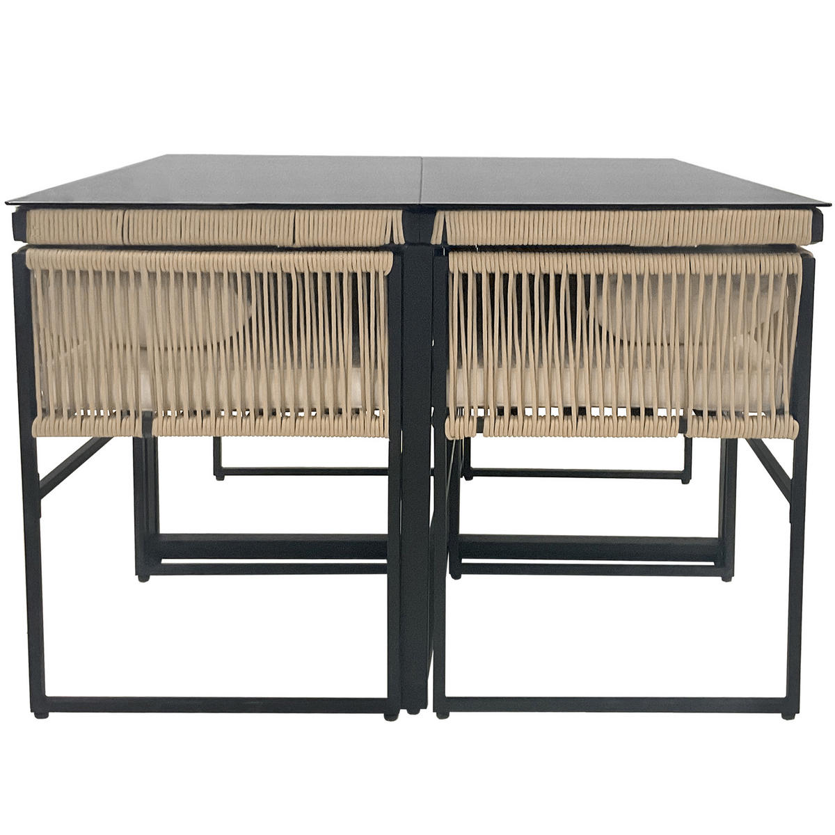 GARTENESSGRUPPE 5-tlg. Tisch 4 Stapelstühle Seil Eisen Glas - Beige, Metall - FLIEKS