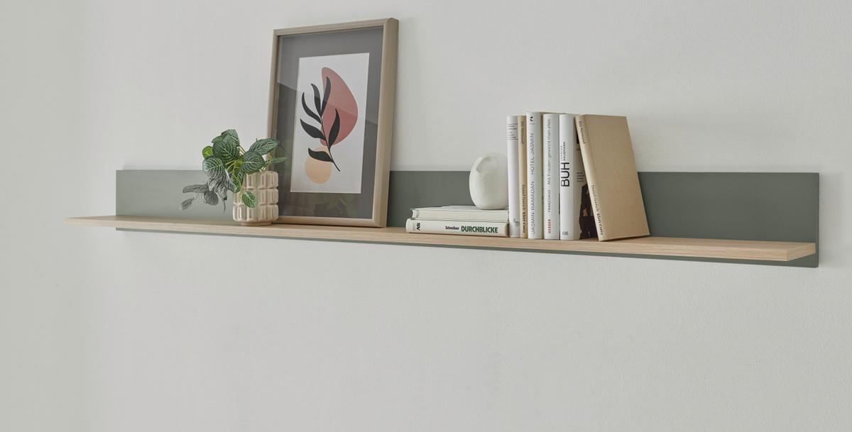 WANDBOARD in Salbei grün, Barista Eiche, Wandregal 170 x 15 cm - Salbeigrün/Eichefarben, Holzwerkstoff/Metall (170/15/17cm) - Furn.Design