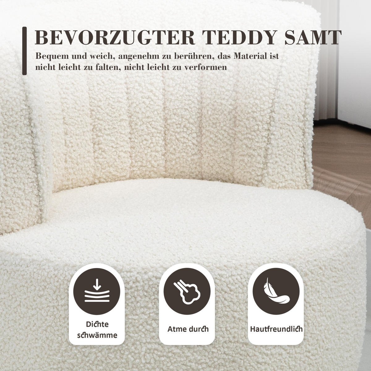 SESSEL Samt/Teddystoff Weiß drehbar - Weiß, Holzwerkstoff/Textil (62.5/69.5/62cm) - WISHDOR