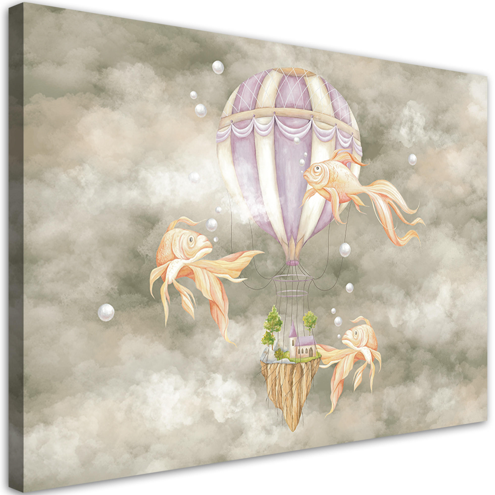 WANDBILD heißluftballon fliegendes haus und fisch - Pink, Textil (60/40cm) - Feeby