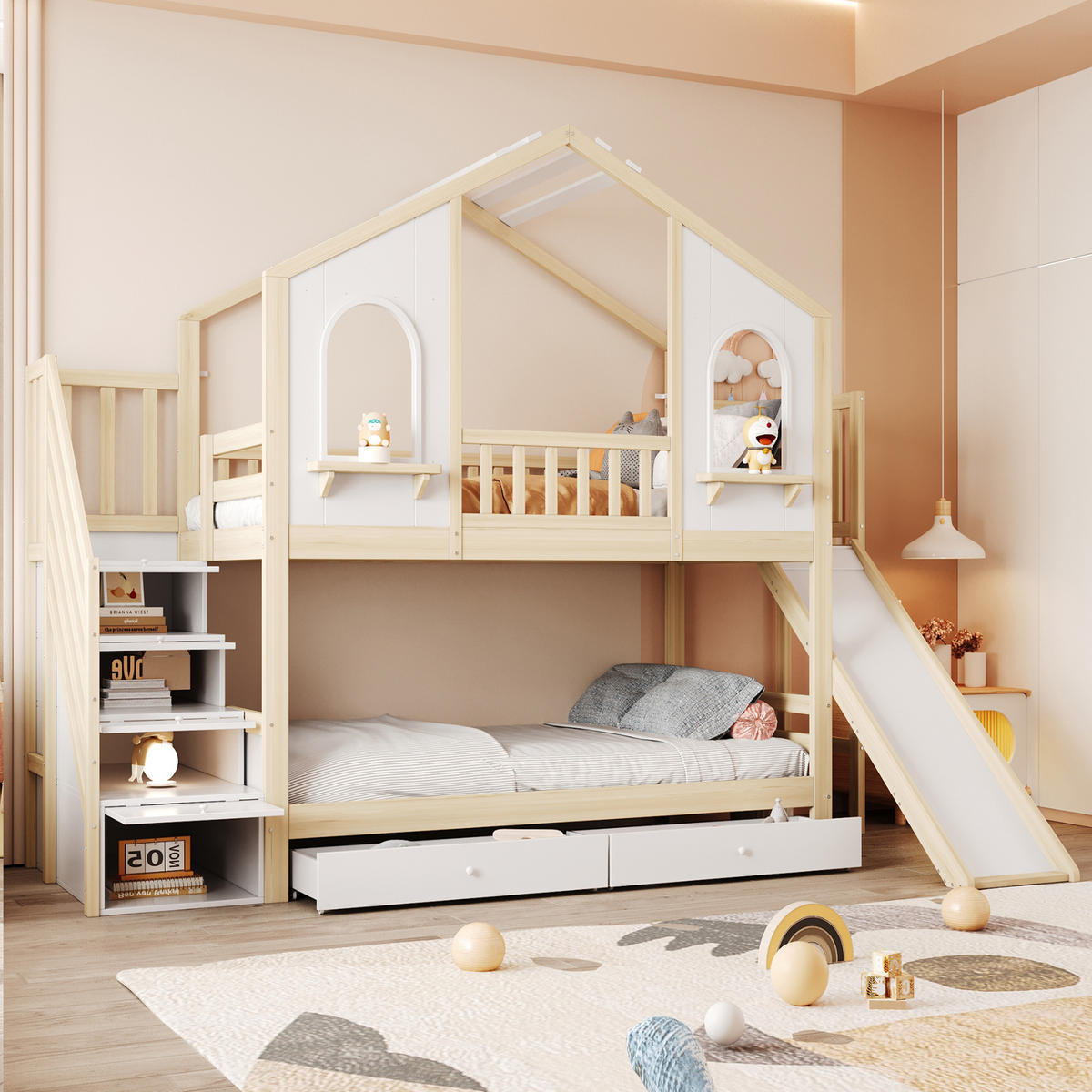 SPIELBETT 90/200 cm DE-01484, in Holzfarbe, mit Rutsche, Aufbewahrungsleiter und 2 Schubladen - Naturfarben, Holz (90/200cm) - ComfortXL