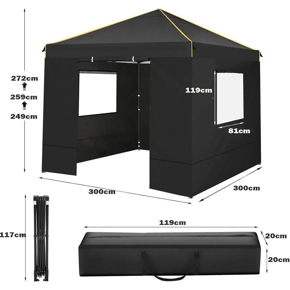 FALTPAVILLON 3x3 m mit 4 Seitenteilen Schwarz - Schwarz, Metall (300/320/300cm)