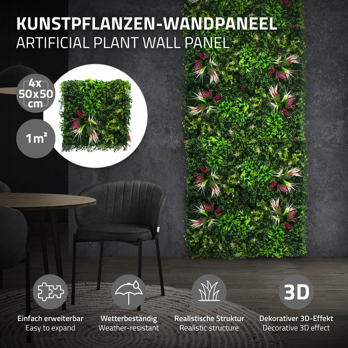 KÜNSTLICHE PFLANZENWAND 4er Set 50x50 cm Kunstpflanzen Wand Innen Aussen Grün Tropical Pink - Pink/Grün, Kunststoff (50/50/10cm) - ECD-Germany