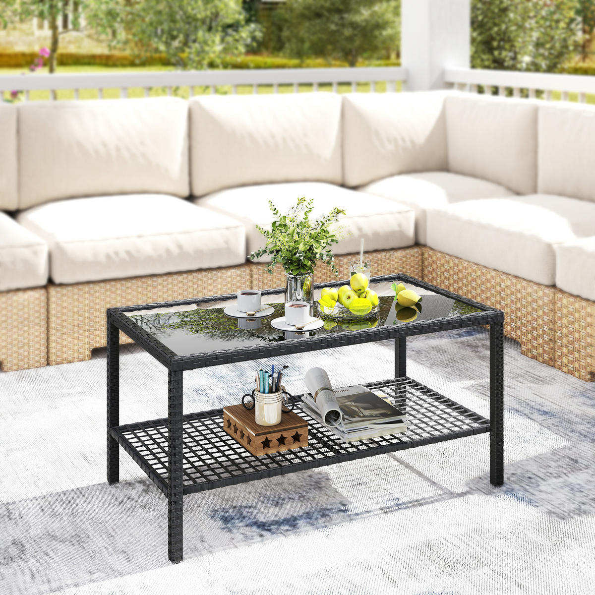 COUCHTISCH PE-Rattan Schwarz - Schwarz, Glas/Metall (92/50/45cm) - Outsunny