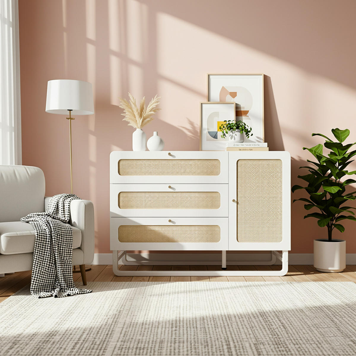 KOMMODE 120 cm in Weiß & Rattan-Optik Sideboard mit 3 Schubladen - Weiß, Holzwerkstoff/Metall (120/85/40cm) - Urban Meuble