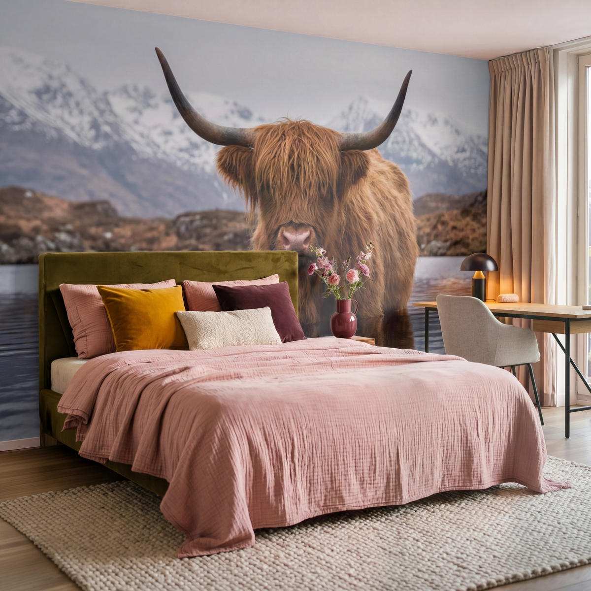 TAPETE - Schottischer Hochländer - Braun - Wasser - 350x220 cm - Braun, Papier (350/220cm) - OnlyWow