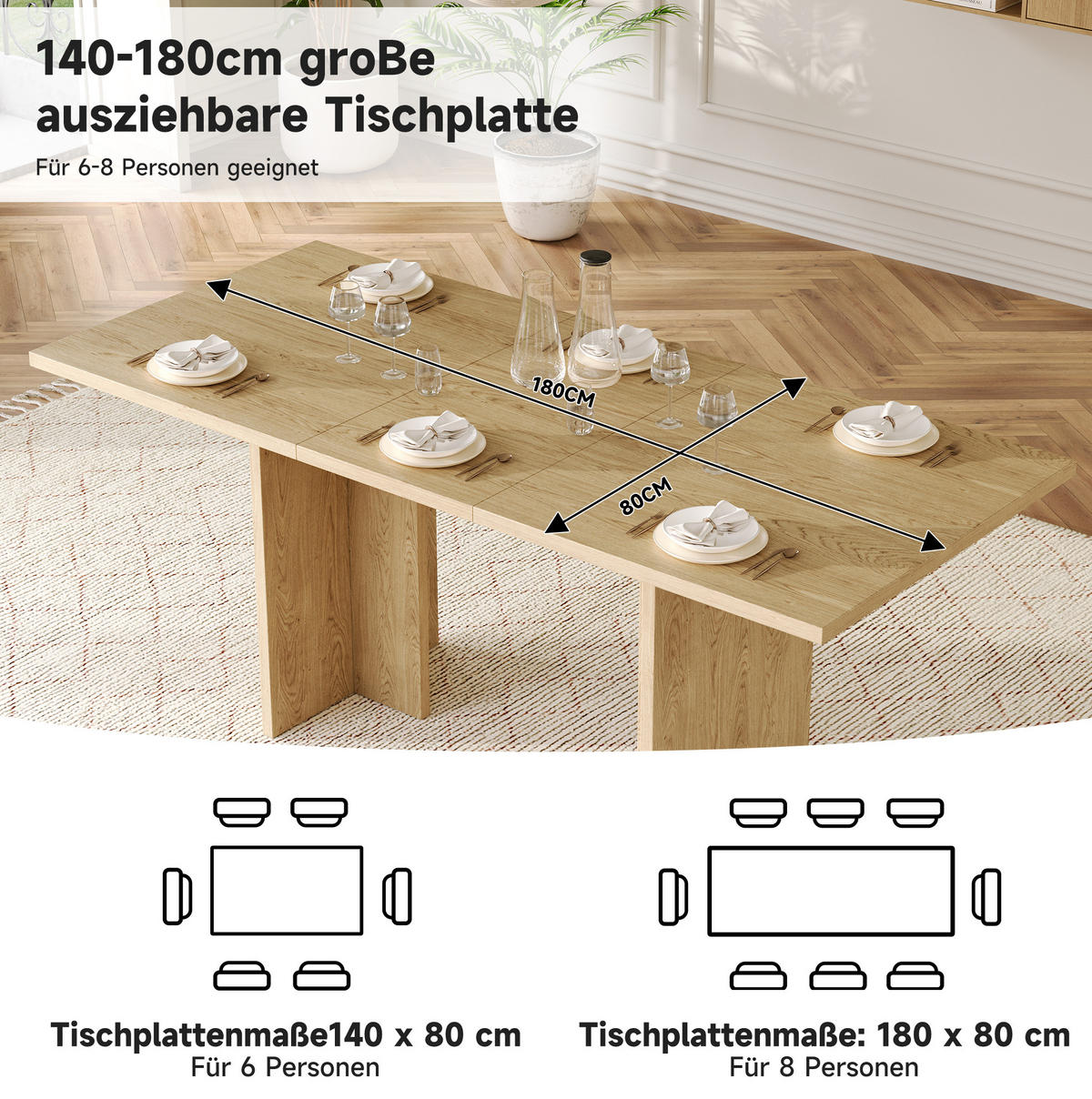 JEDÁLENSKÝ stôl, 140/180/80 cm dub, rozkladací pre 6–8 osôb - farba duba, kompozitné drevo (180/80/75cm) - BEAOK