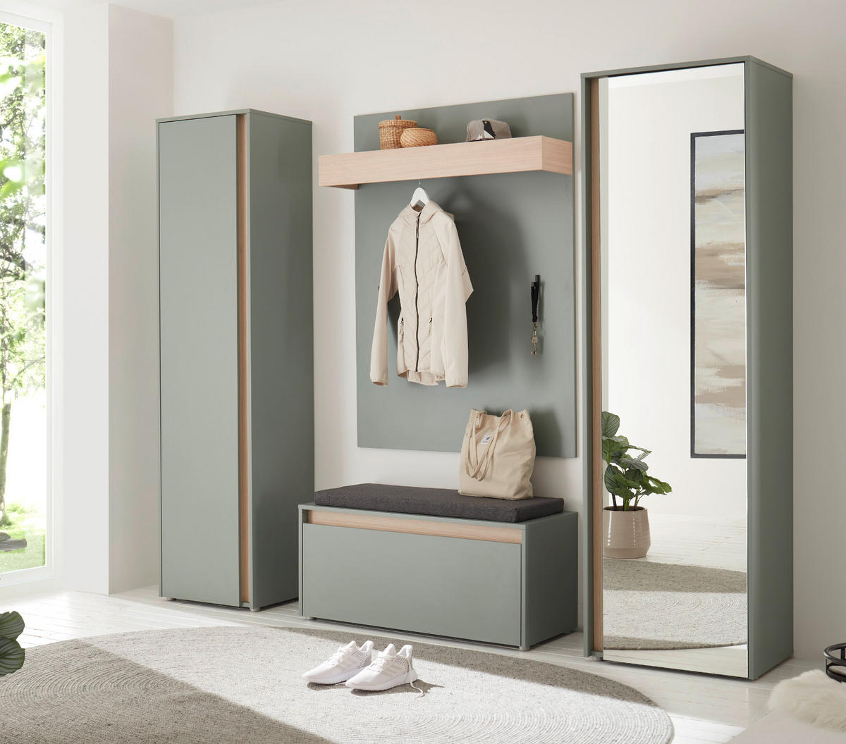 GARDEROBE Komplett-Set 5-teilig in Salbei Grün mit Eiche, Flurgarderobe 230 x 200 cm, inkl. Sitzkissen - Salbeigrün/Eichefarben, Glas/Holz (230/200/40cm) - Furn.Design