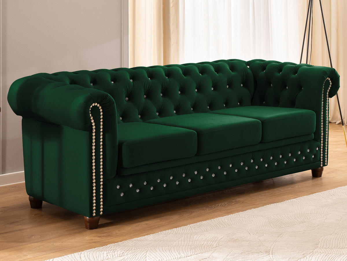 CHESTERFIELD-SOFA 3-Sitzer mit Schlaffunktion Cleo Blink Flasche Grün Samt mit Kristallsteppung und braunen Massivholzfüßen - Braun/Grün, Holz/Textil (203/72/86cm) - S-Style Möbel