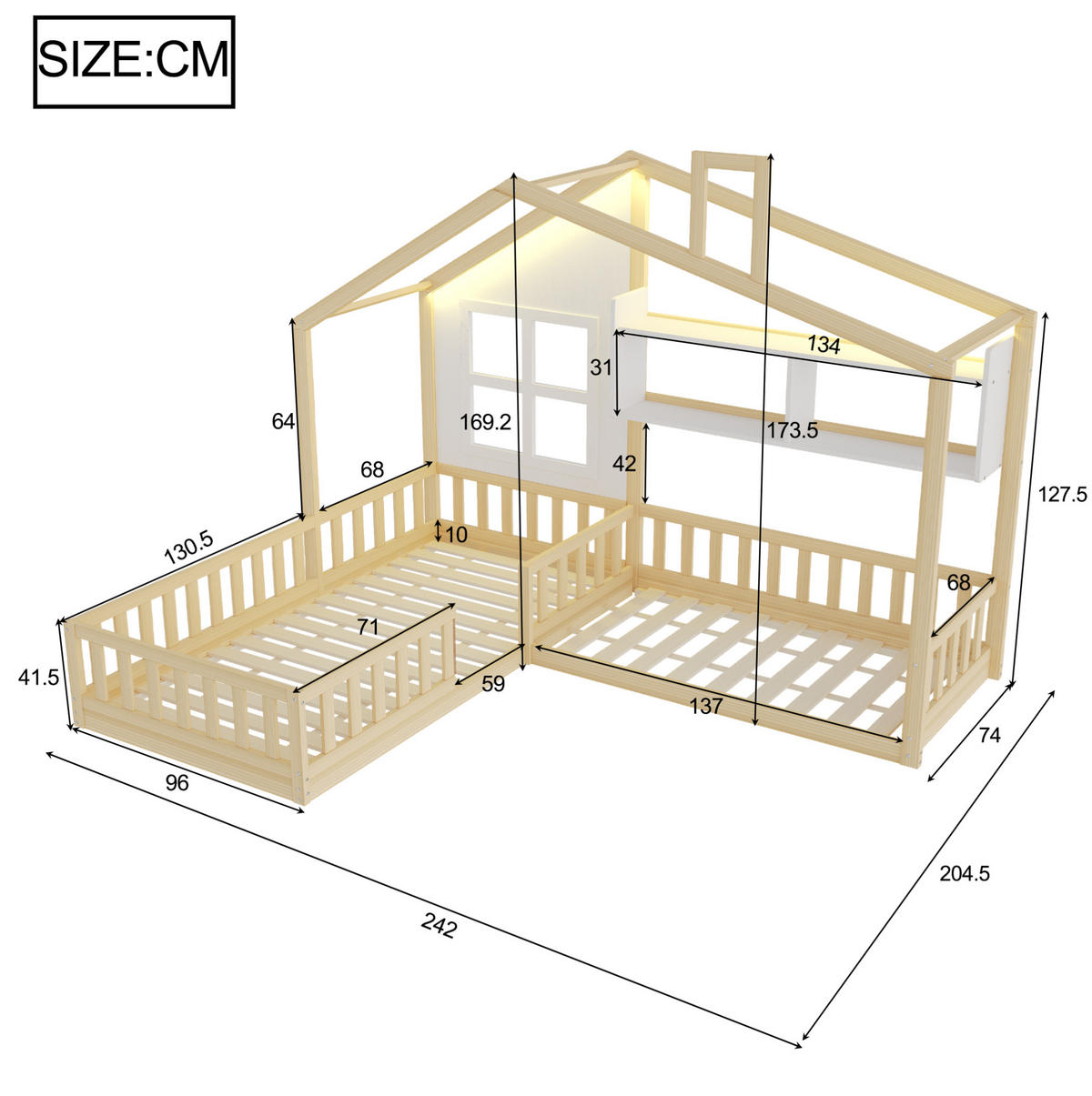KINDERBETT 90/200 cm aus Holzwerkstoff mit LED, Regalen und Sicherheitsgitter im Hausdesign, Natur/Weiß - Naturfarben, Holzwerkstoff (90/200cm) - Redom