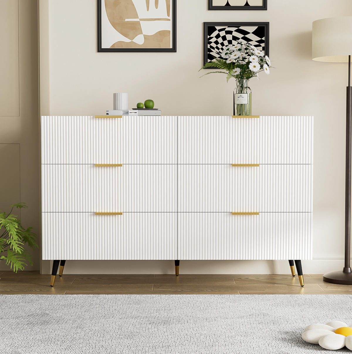 SIDEBOARD 120/40/77 cm Weiß aus Spanplatte mit 6 Schubladen - Weiß, Holzwerkstoff (120/77/40cm) - OKWISH