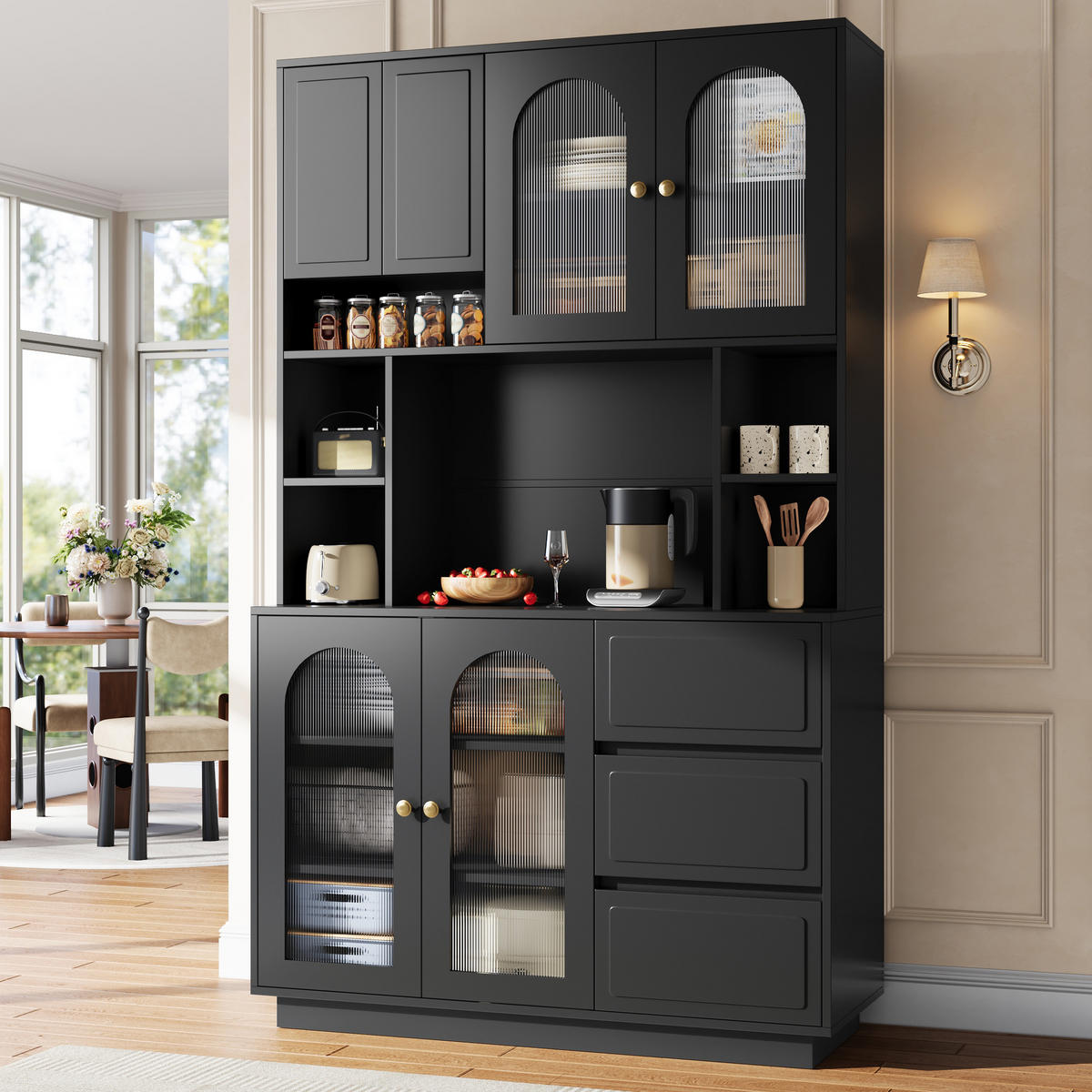 BUFFET Hochschrank mit Acrylfront, LED-Beleuchtung und offenen Fächern - Schwarz, Holzwerkstoff (30/175/106cm) - Korfee