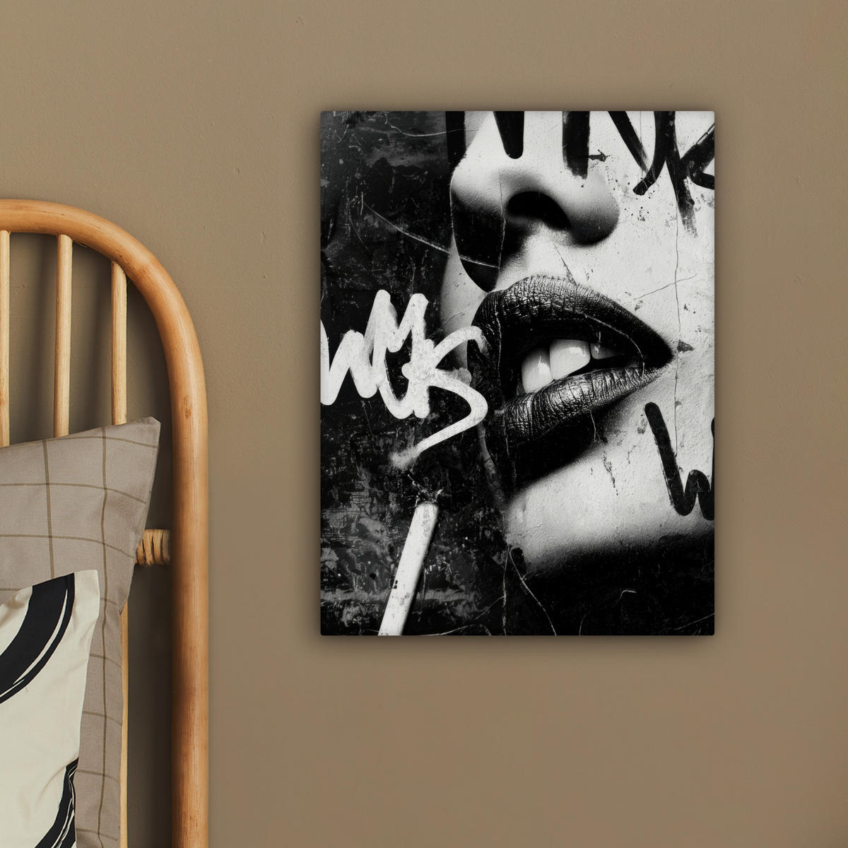 LEINWANDBILD Gesicht - Mund - Graffiti - Schwarz Room Decor 30x40 cm - Schwarz, Textil (30/40cm) - MuchoWow