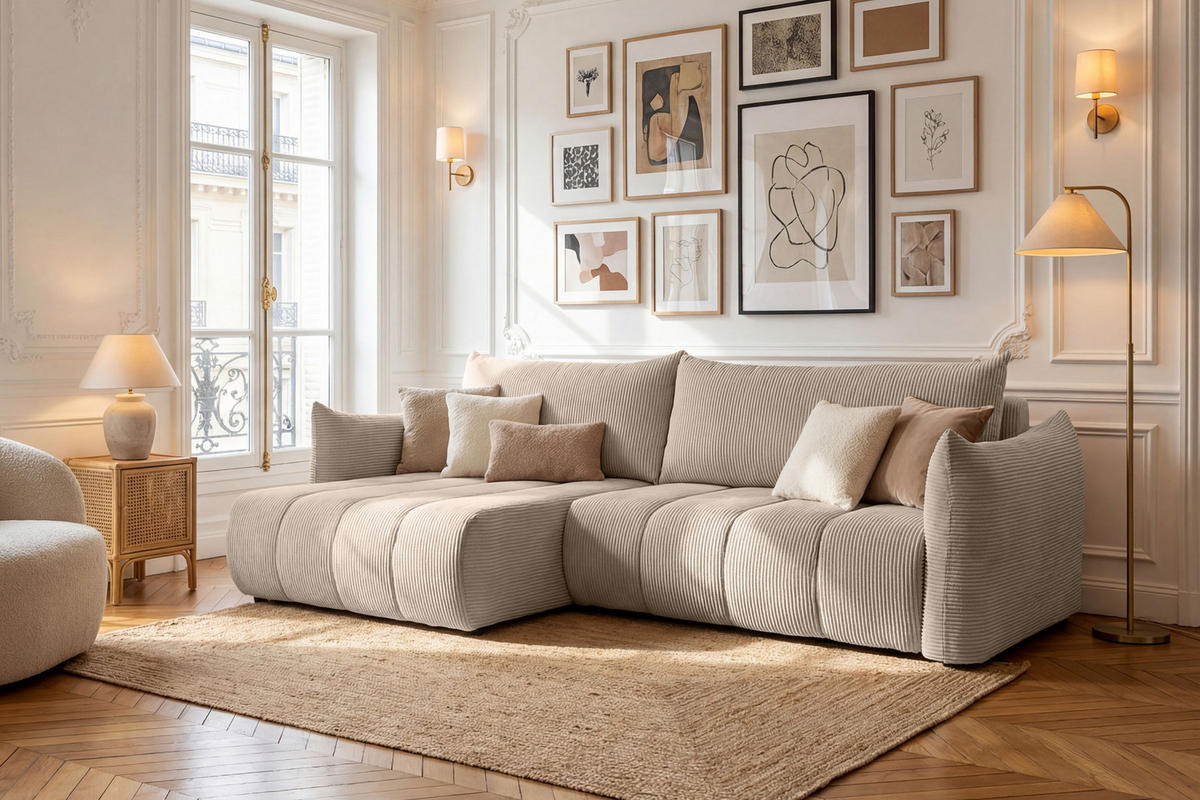 ECKSOFA Liv mit Schlaffunktion & Bettkasten in Cordstoff Beige, Universell 260/154/86 cm - Beige/Schwarz, Kunststoff/Textil (260/154cm) - WFL GROUP