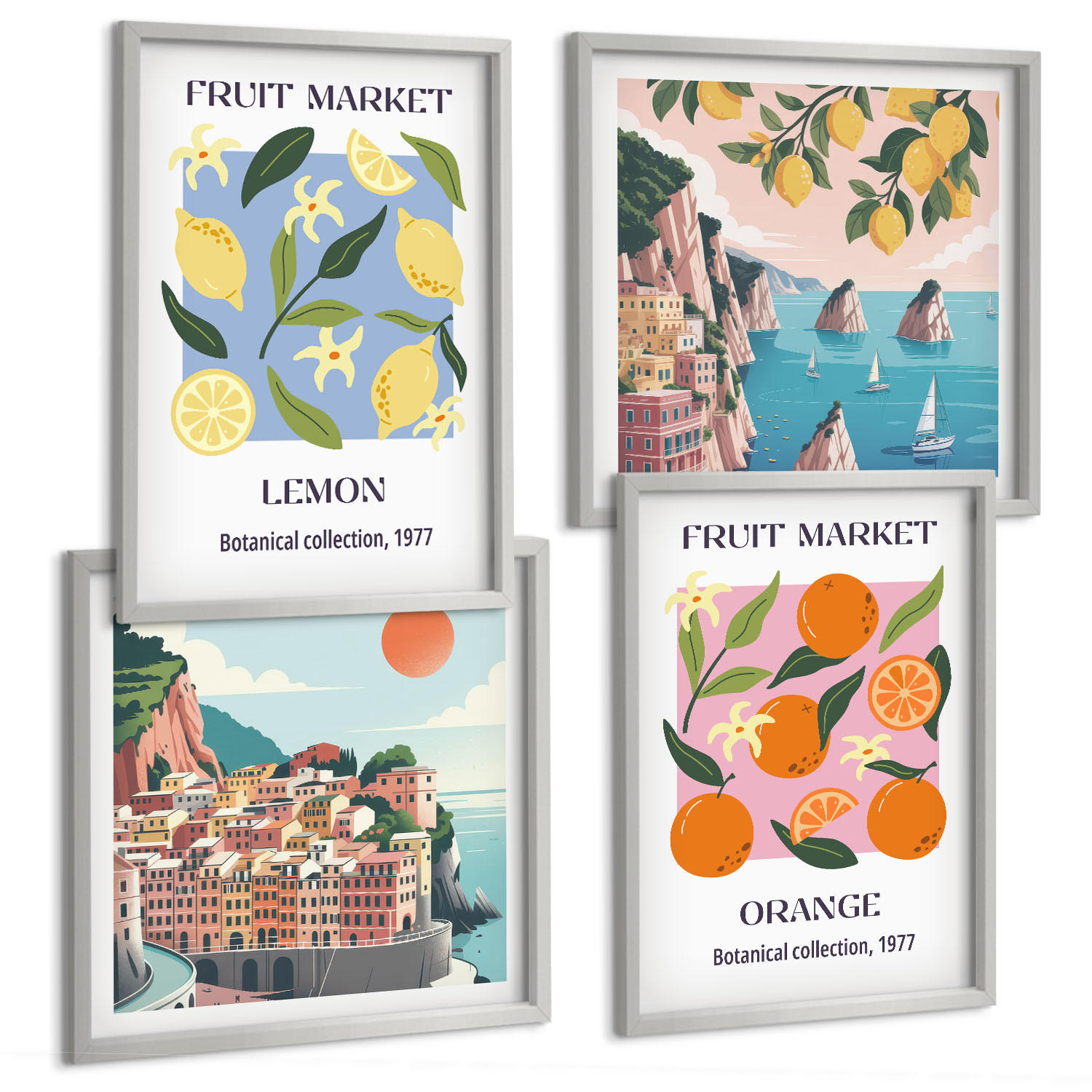 BILDER SET 4er Set - 50x50 cm & 40x60 cm Silberner Rahmen - Obstposter Zitronen Orangen - Silberfarben, Kunststoff (50/50cm) - TULUP