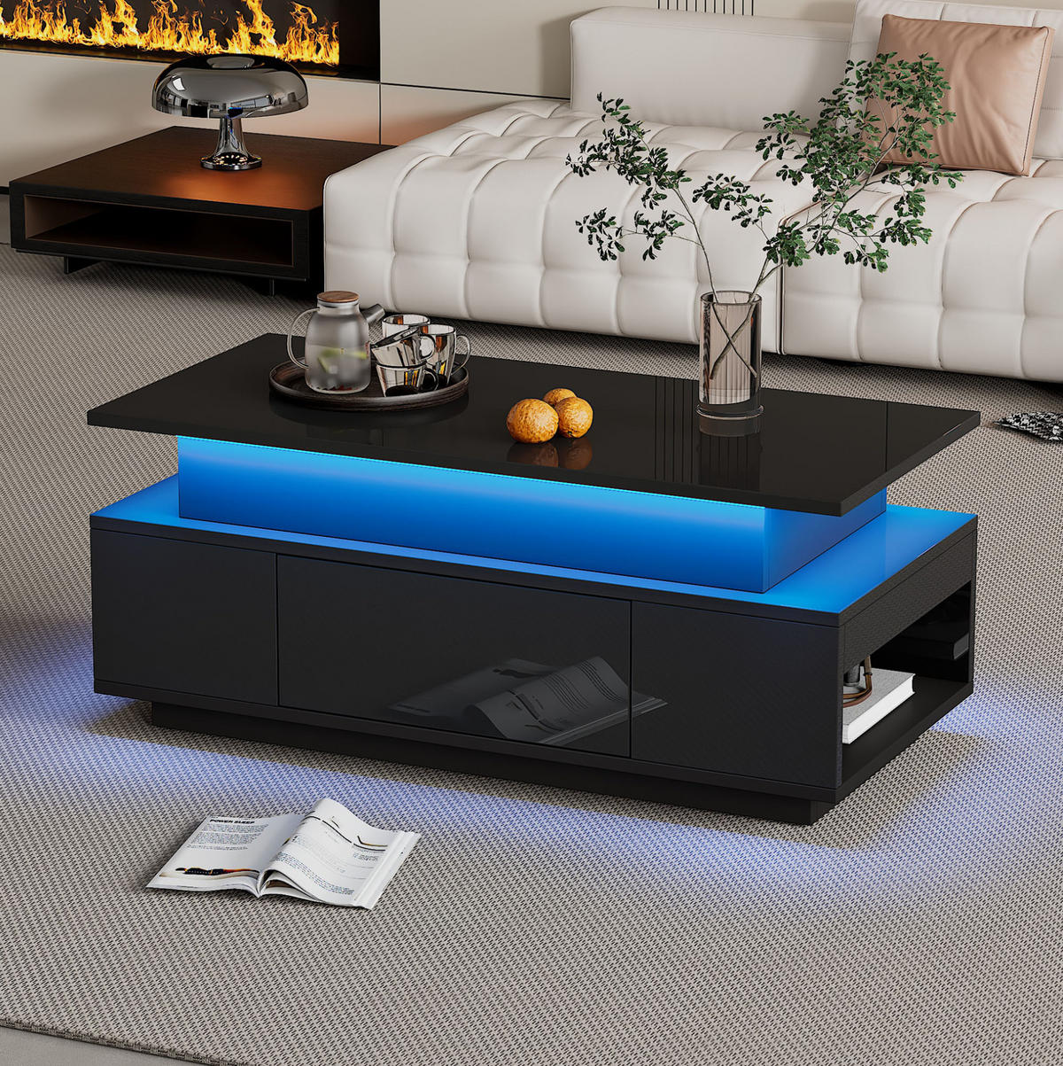 KONFERENČNÍ stolek z dřevotřísky 96x45x40 cm černý s LED osvětlením, výklopnou deskou a úložným prostorem - černá, kompozitní dřevo (96/45/40cm) - Modfu