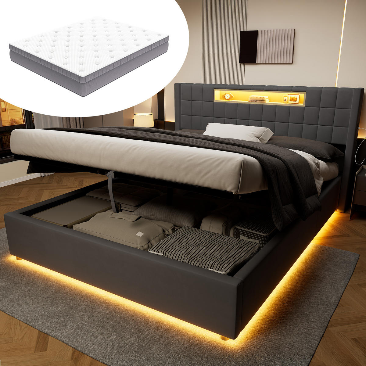 POLSTERBETT 160×200 mit Matratze, Hydraulische Bettkasten und LED Beleuchtung in Grau, Samtbezug - Grau, Holzwerkstoff/Textil (160/200cm) - STILVORA