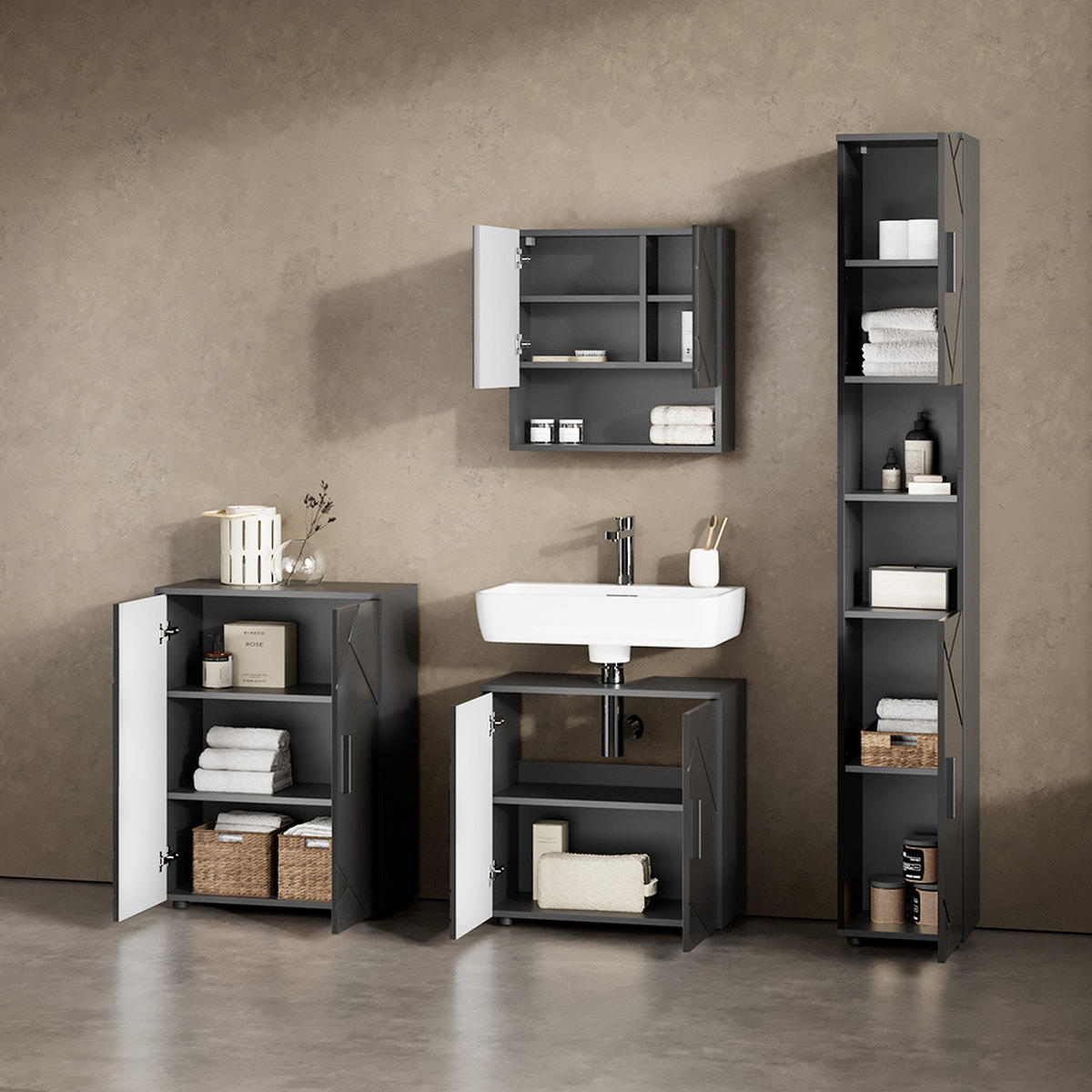 BADMÖBEL-SET Ronco Anthrazit Hochglanz 4 Teile, mit Hochschrank und Kommode - Anthrazit, Holzwerkstoff (60/192/30cm) - Livinity®