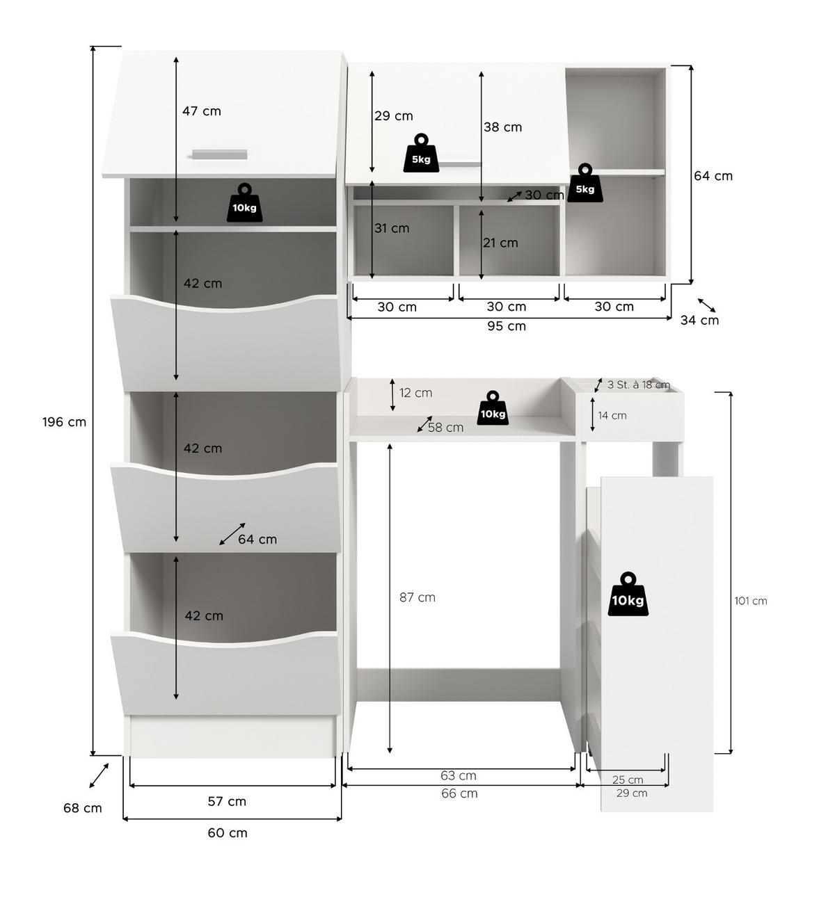 WASCHMASCHINENSCHRANK weiß Set 4-teilig, Waschmaschinenumbau 155 cm mit viel Stauraum - Silberfarben/Weiß, Glas/Holzwerkstoff (155/196/68cm) - Inn.Furn