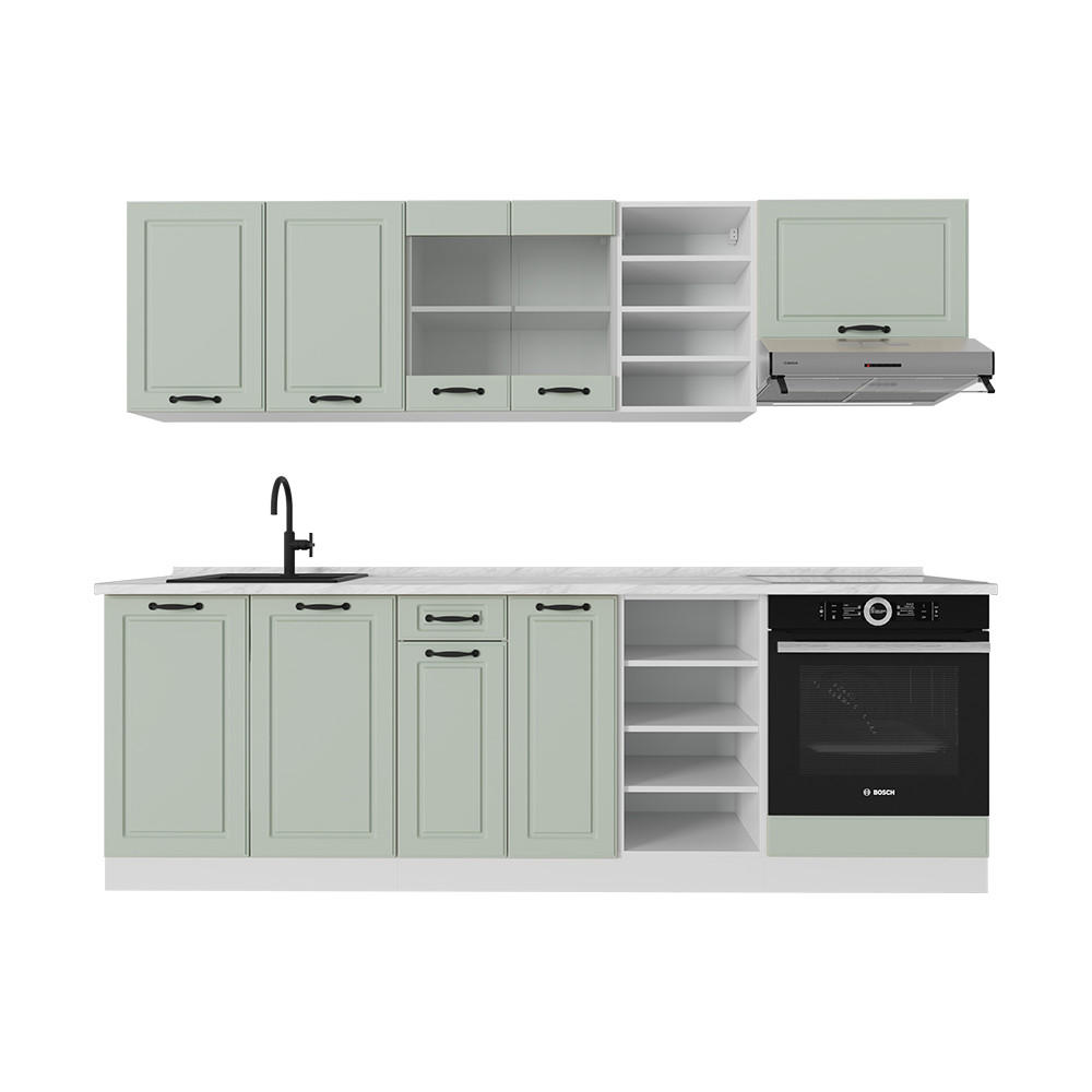 KÜCHENZEILE R-Line, Mint Landhaus/Weiß, 240 cm Arbeitsplatte Marmor - Weiß/Grün, Holzwerkstoff (240/206.8/60cm) - Vicco