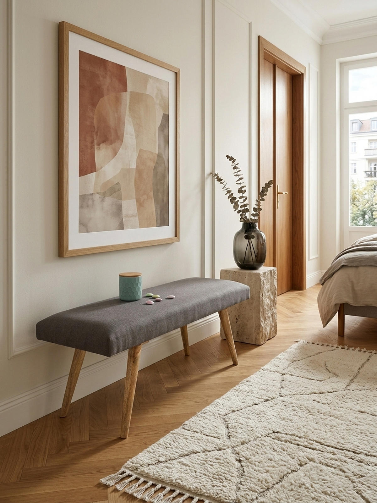 SITZBANK SILE Retro Stil Stoffbezug Massivholz, Grau 117x38x51 cm - Braun/Grau, Mangoholz/Textil (117/51/38cm) - KADIMA DESIGN