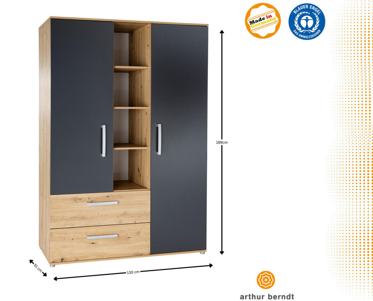KLEIDERSCHRANK Alessio 2. türig - Anthrazit/Silberfarben, Holzwerkstoff/Kunststoff (130/188/51cm) - arthur berndt
