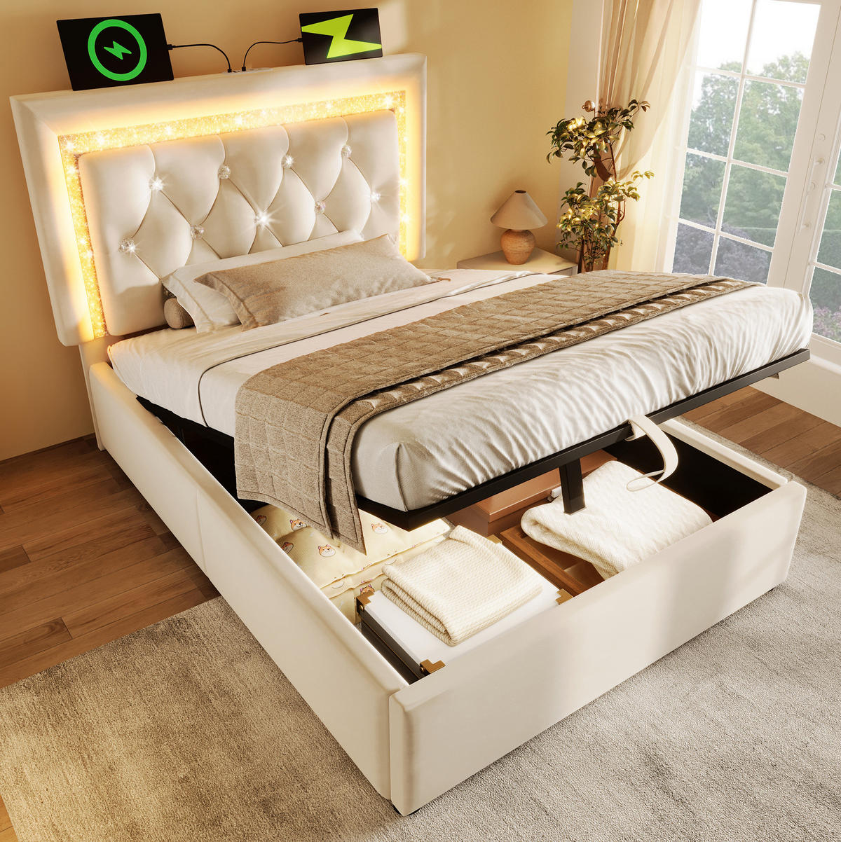 BETT mit LED, USB und Stauraum 90x200 cm Samt Beige - Beige, Metall (90/200cm) - Meubliv