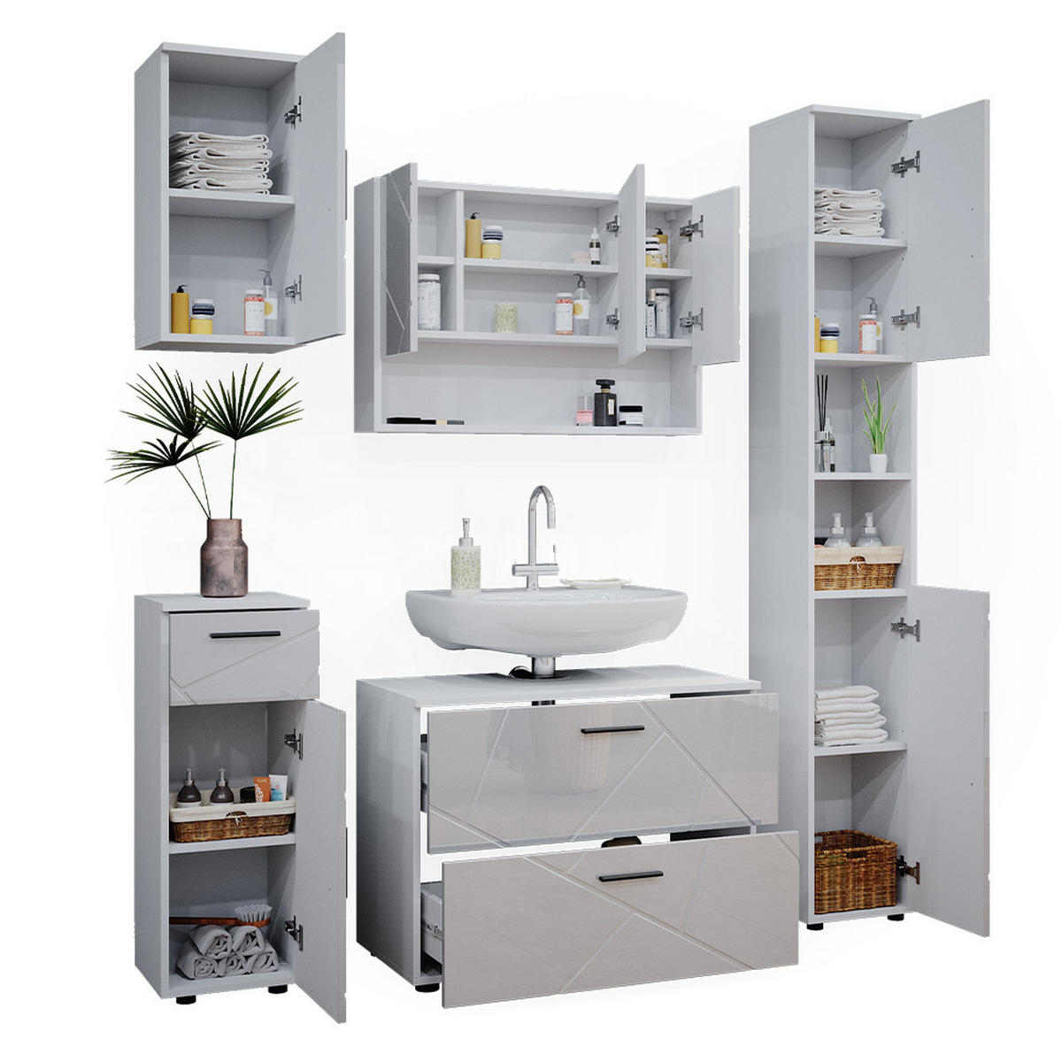 BADMÖBEL-SET Irma Weiß Hochglanz 5 Teile - Weiß Hochglanz/Weiß, Holzwerkstoff (80/58.6/41cm) - Vicco