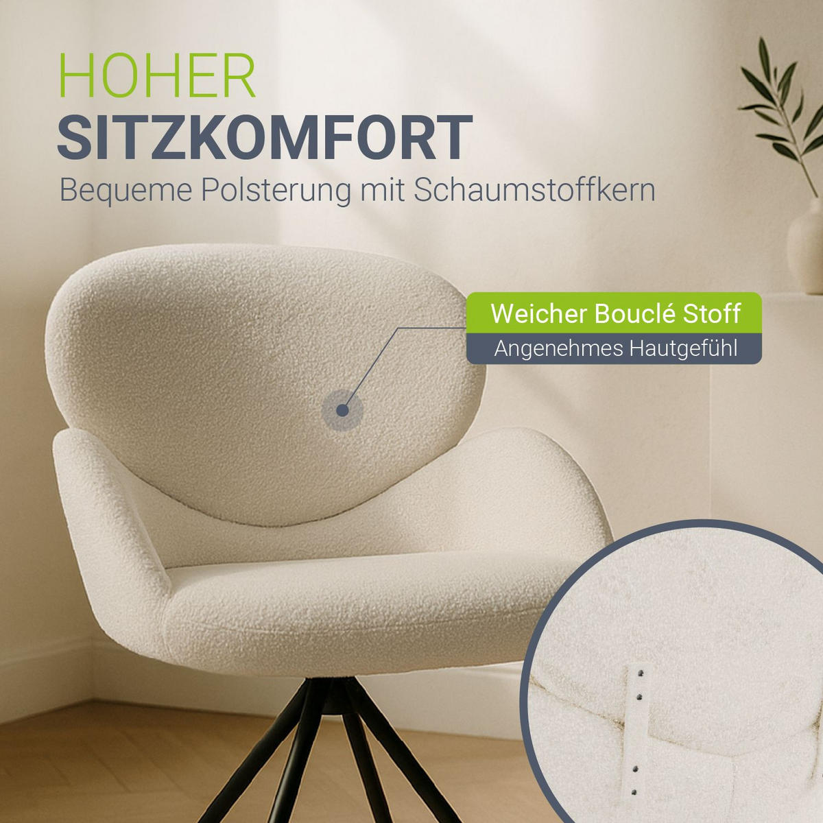 DREHSTUHL Albano Bouclé Creme (6er-Set) - Creme, Textil (59/90/65cm) - Juskys